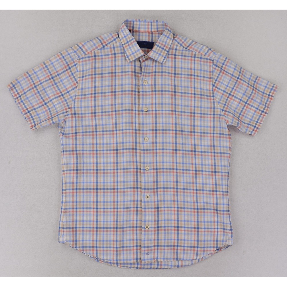 David Donahue Shirt Mens Medium Blue Pink Tan Plaid Short Sleeve Linen Blend - Picture 2 of 12